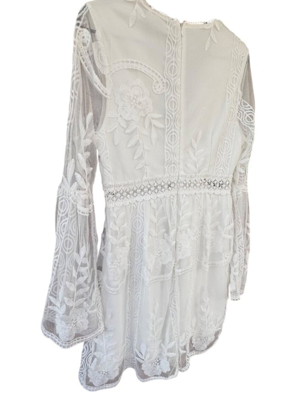 Southern Fried Chics Medium White Lace V-Neck Dress Bell Sleeves & Embroidered - Picture 8 of 14